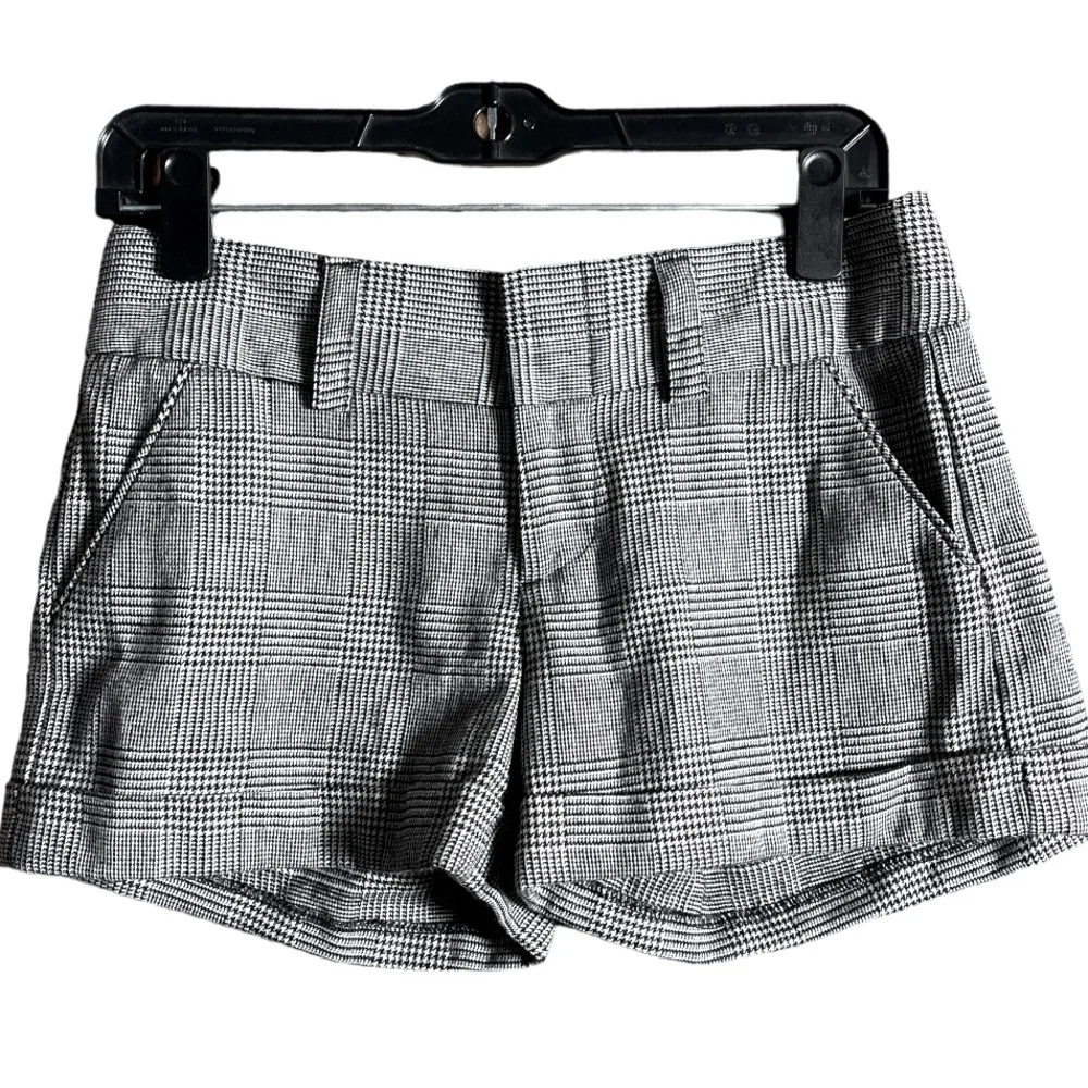 alice + olivia Herringbone Plaid Cuffed‎ Wool Blend Shorts in Black & White 4